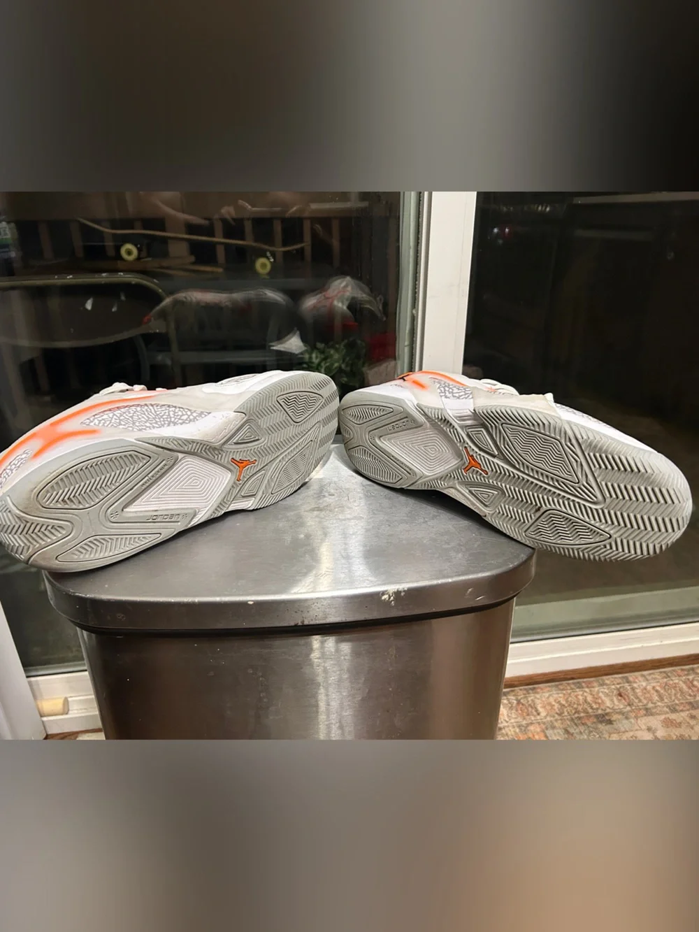 Sz 13 men Jordan Heirs White, Grey, and Laser Orange/Black accents.